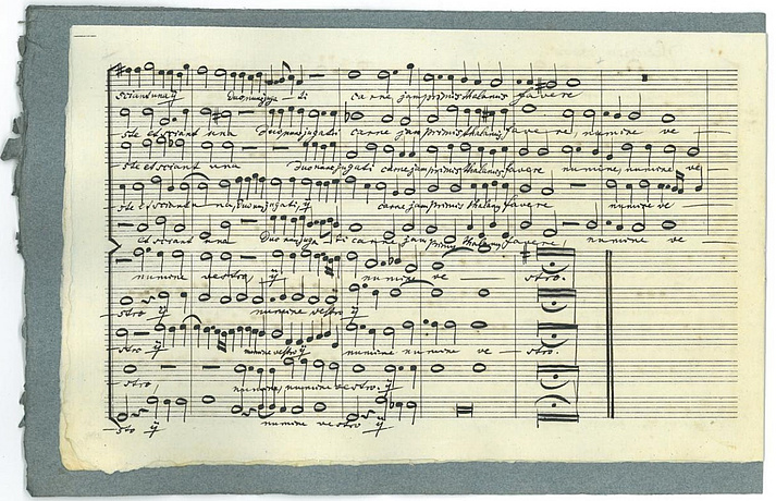 Manuskriptseite von Orlando di Lassos Nuptias claras, in Partitur gebracht von Carl Proske (Bischöfliche Zentralbibliothek Regensburg, Pr-M Lasso V/43)