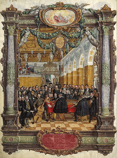 Hans Mielichs berühmte Darstellung der Münchner Hofkapelle aus Mus.ms. A der Bayerischen Staatsbibliothek mit Lassos Bußpsalmen (Band 2, S. 187)