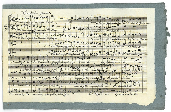Manuscript pages with Nuptias claras by Orlande de Lassus, score written by Carl Proske (Bischöfliche Zentralbibliothek Regensburg, Pr-M Lasso V/43) 