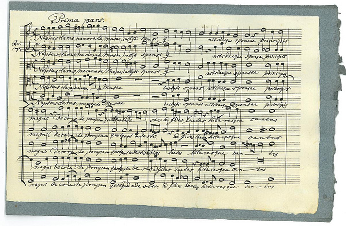 Manuskriptseiten von Orlando di Lassos Nuptias claras, in Partitur gebracht von Carl Proske (Bischöfliche Zentralbibliothek Regensburg, Pr-M Lasso V/43)