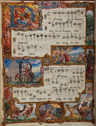 Mus.ms. A of the Bayerische Staatsbibliothek with Lassus’ Penitential Psalms (vol. 1, p. 6). Each page of the Codex is illustrated by the Munich painter Hans Mielich; the iconographic programme comments on the psalm text. This interaction of text, music and illustration, makes the world’s perhaps most beautiful musical manuscript a kind of “Gesamtkunstwerk”.